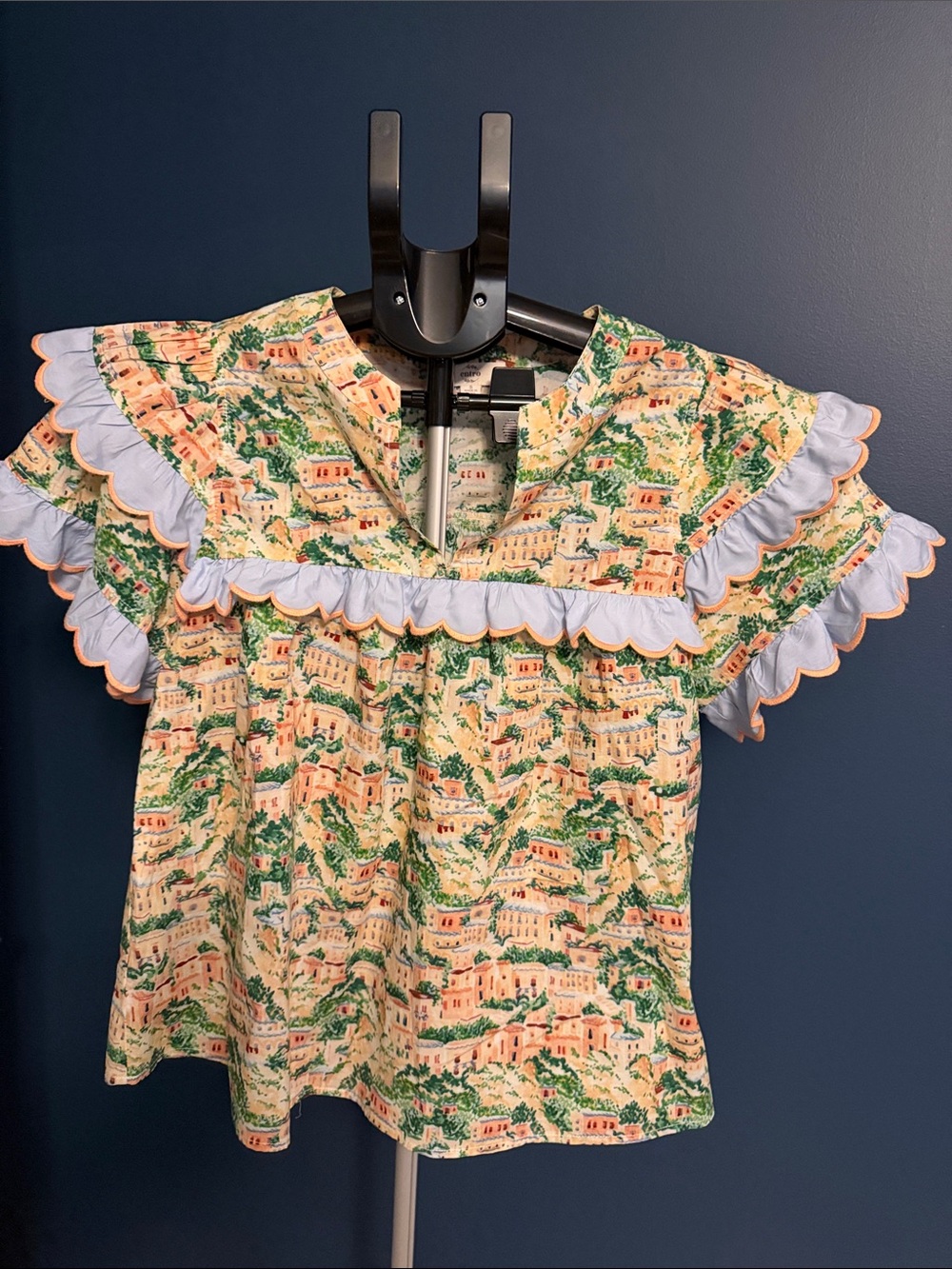 Womens Scenic Print Ruffle Top in Pastel Green and Peach